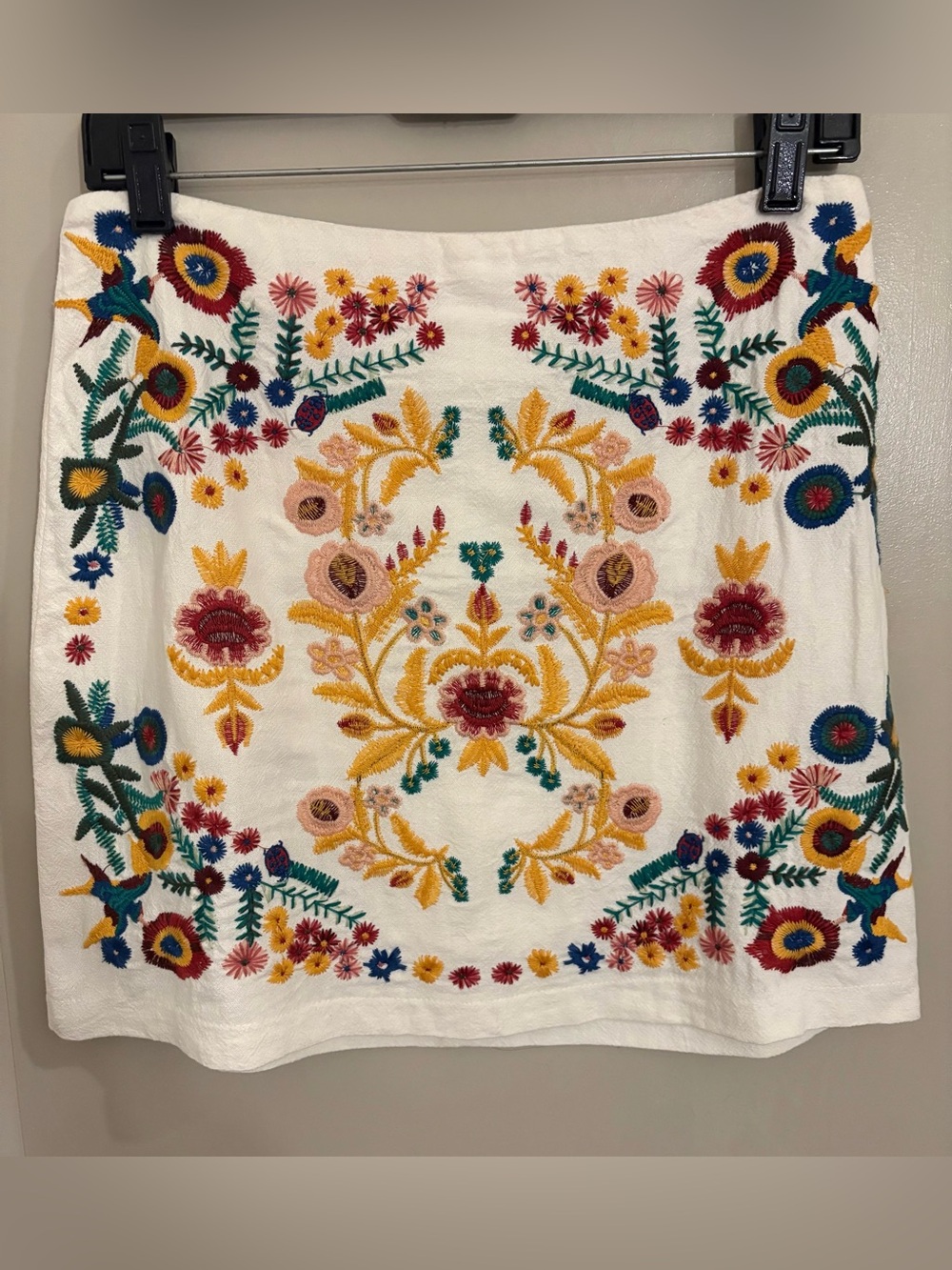 Embroidered Floral Boho Skirt - White with Multicolor Floral Embroidery